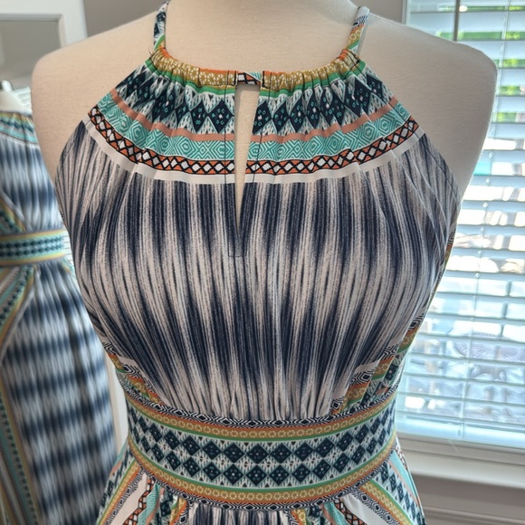 London Times Blue and White Halter Sheath Maxi Dress - Picture 2 of 8